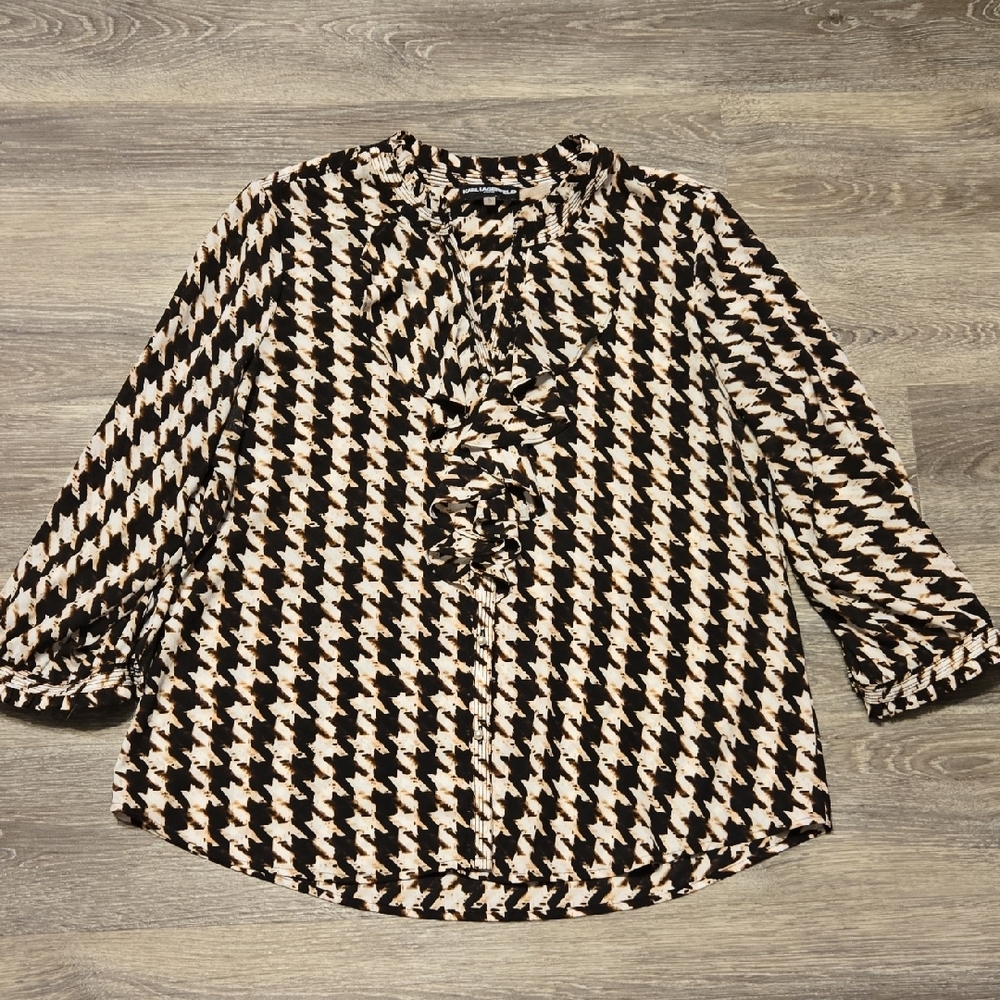 Karl Lagerfeld Paris Houndstooth Ruffle Blouse Sz Large